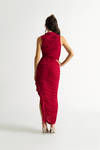 Lavin Red Shirred Asymmetrical Slit Bodycon Dress