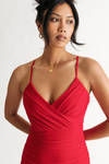 No Side Eye Red Ruched Side Slit Bodycon Midi Dress