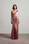 High Standards Rose One Shoulder Satin Slit Maxi Dress