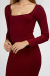 Easy Comfort Ribbed Square Neck Midi Dress - Rouge