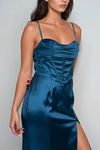 Siren Song Teal Satin Corset Bustier Slit Maxi Dress