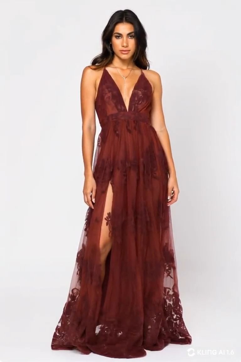 Analise Plunging Floral Maxi Dress - Wine
