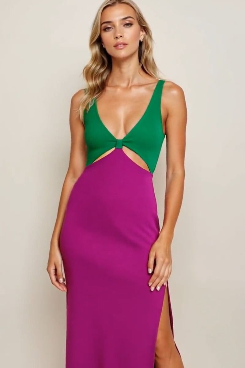 Yareli Plunging Sweater Maxi Dress - Green/Purple